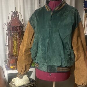 Vintage 90’s Coleman Varsity Green and Brown Men's Suede Jacket